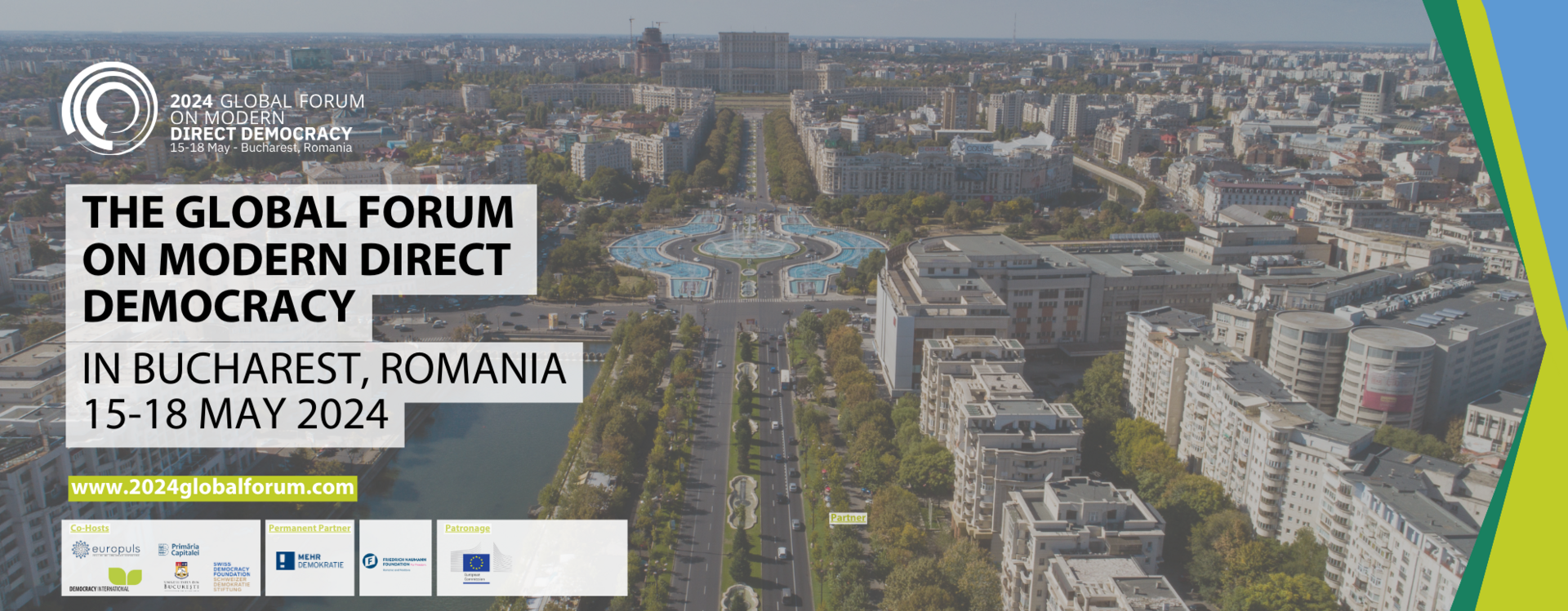 Zu sehen ist die Stadt Bukarest in Rumänien und das Datum des Treffens, 15 - 18 Mai 2024.