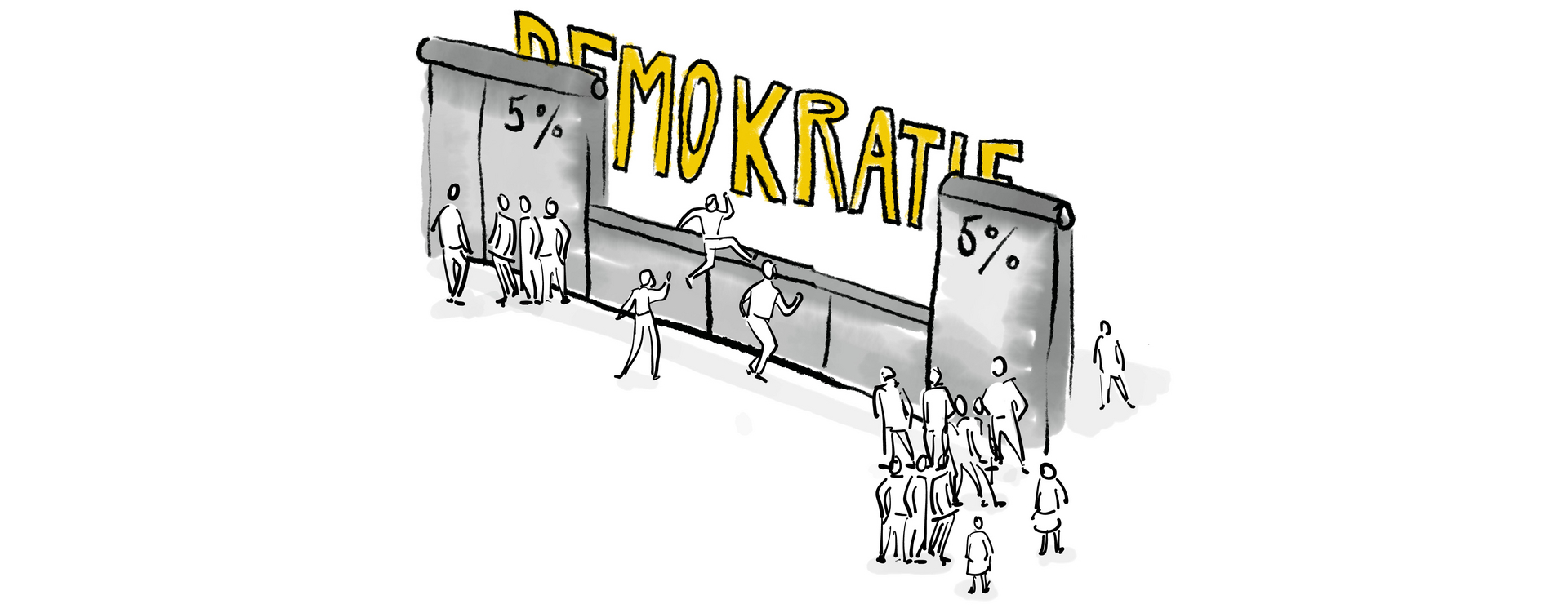 Eine Mauer, wo 5 Prozent drauf und dahinter Demokratie steht. In der Mitte ist die Mauer niedriger und Menschen versuchen darüber zu springen.